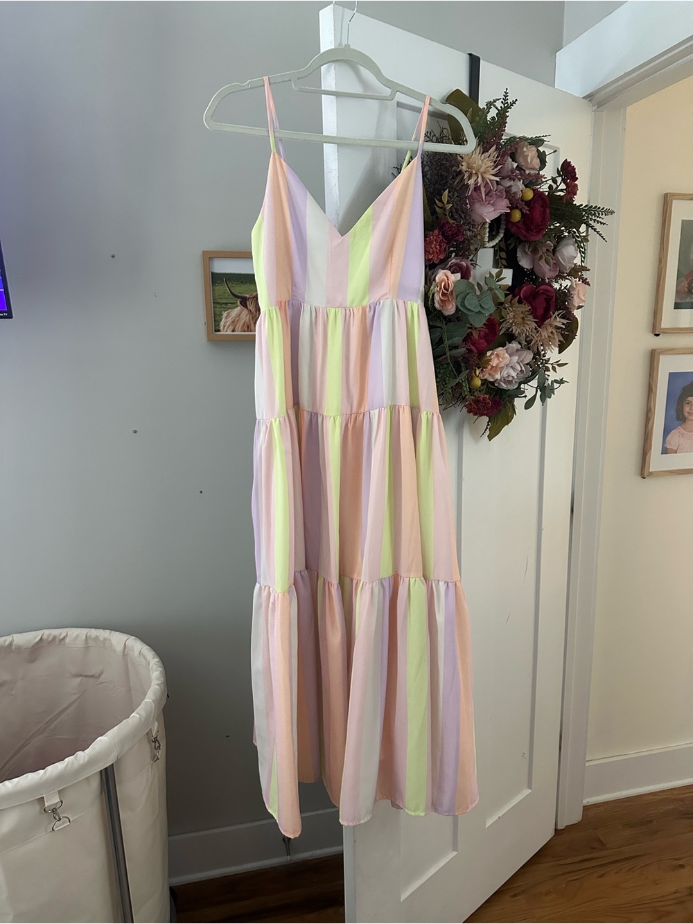 Pastel Stripe V-Neck Tiered Maxi Dress